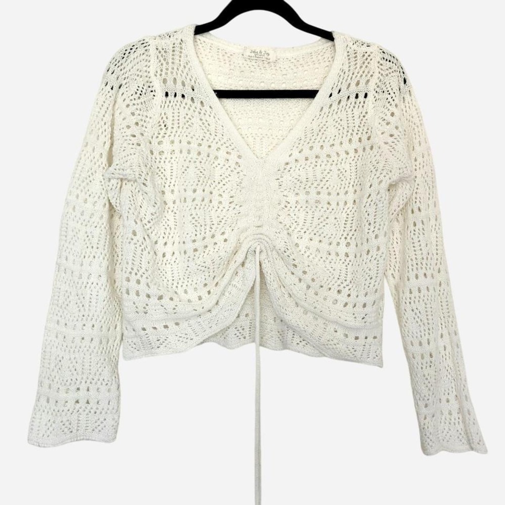 Crocheted Sweater Crop Top with a Drawstring Tie Scrunched Boho Festival White